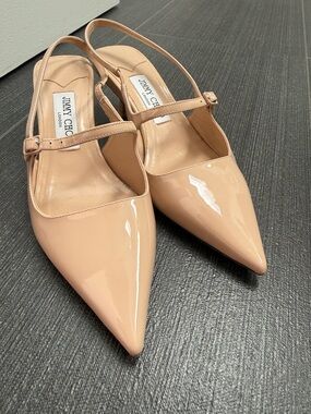 Jimmy Choo Patent Pointed-Toe Slingback Heels in Nude Pink
